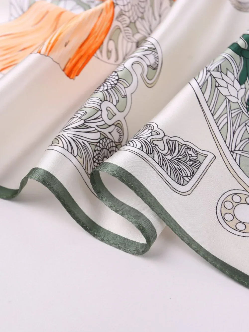 100% Silk Scarves, Extra-Large, Emperor's Phoenix, Ivory W Green Trim